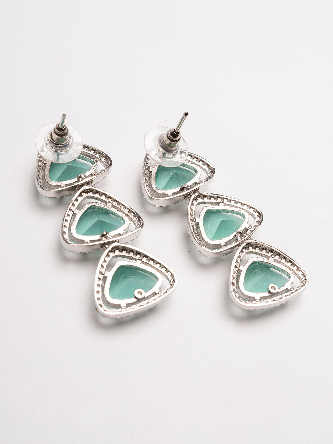 Silver -Plated Stones Studded Triangular Shaped Drop Earrings
