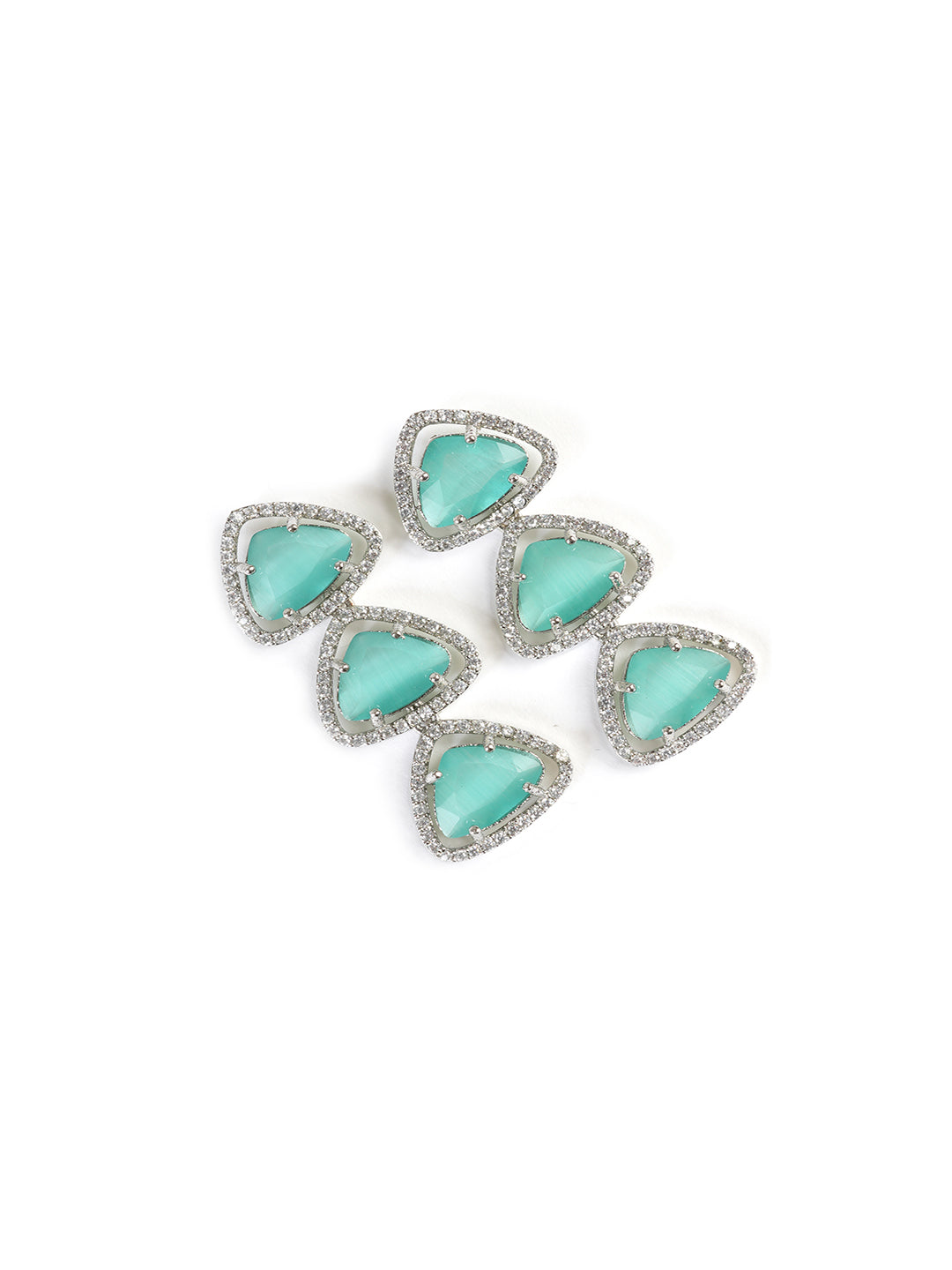 Silver -Plated Stones Studded Triangular Shaped Drop Earrings