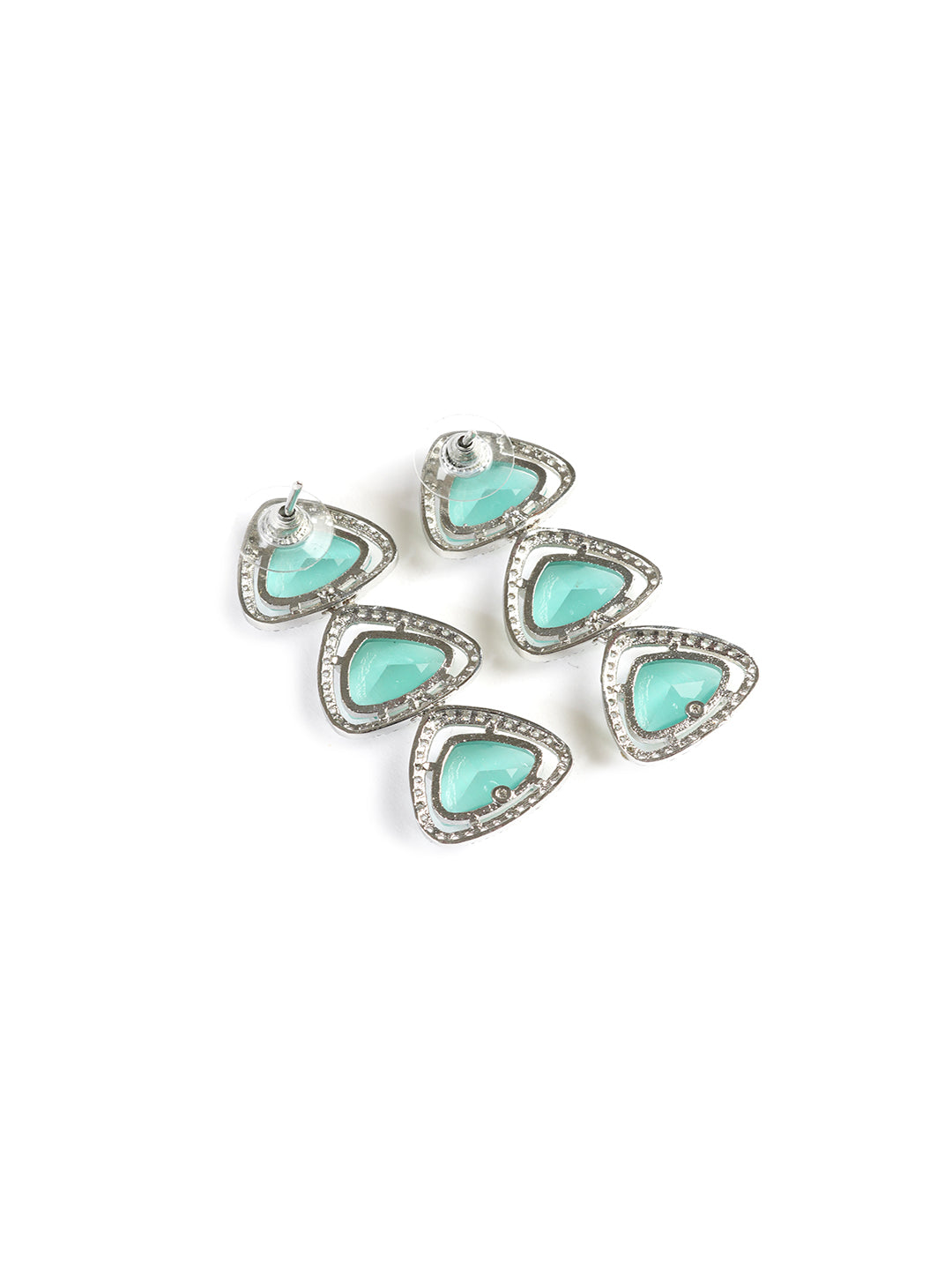 Silver -Plated Stones Studded Triangular Shaped Drop Earrings