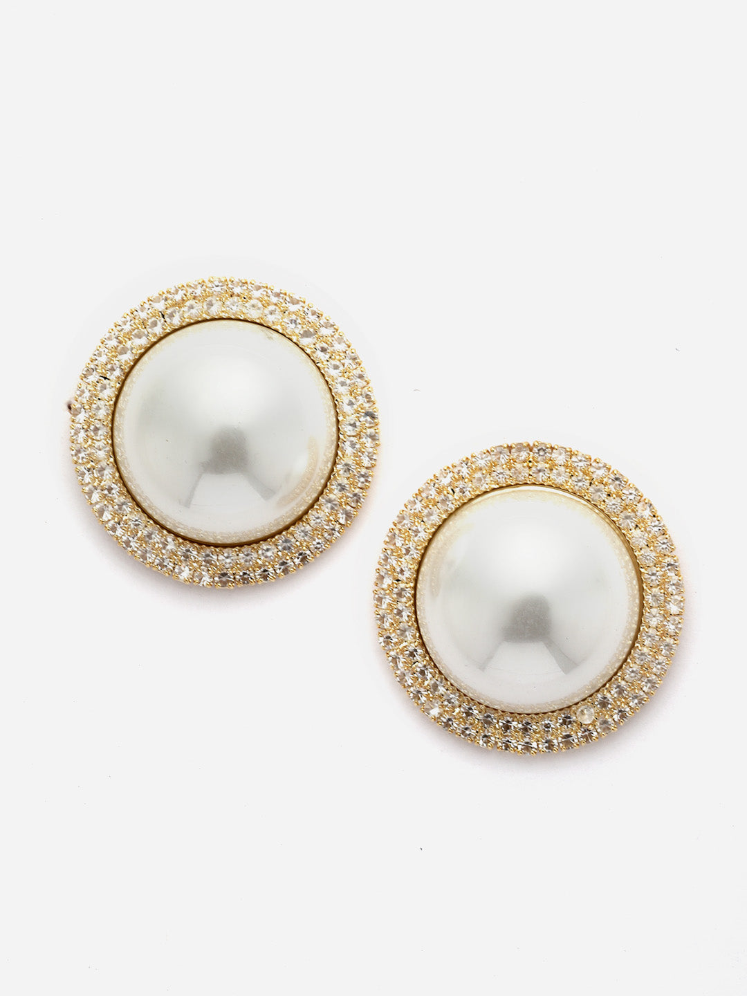 Gold-Plated Pearl & CZ Stone Srudded Circular Studs