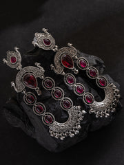 Silver-Plated Stones Studded And Beaded Contemporary Shaped Oxidized Drop Earrings