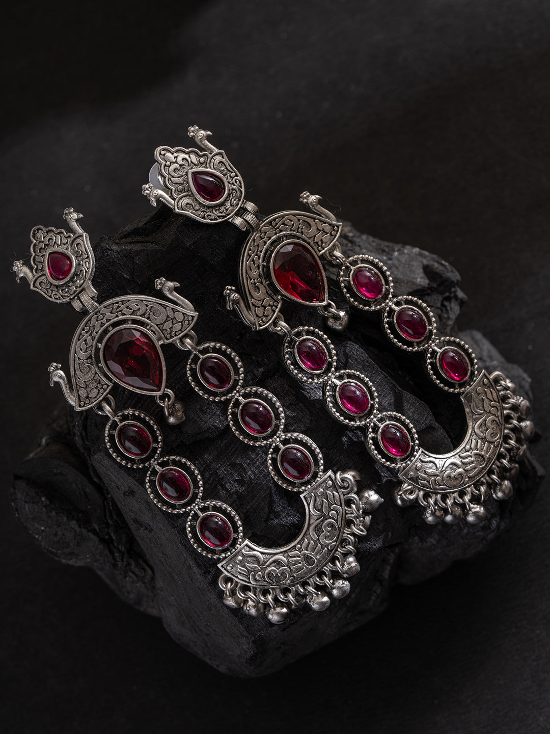 Silver-Plated Stones Studded And Beaded Contemporary Shaped Oxidized Drop Earrings
