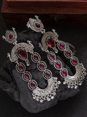 Silver-Plated Stones Studded And Beaded Contemporary Shaped Oxidized Drop Earrings