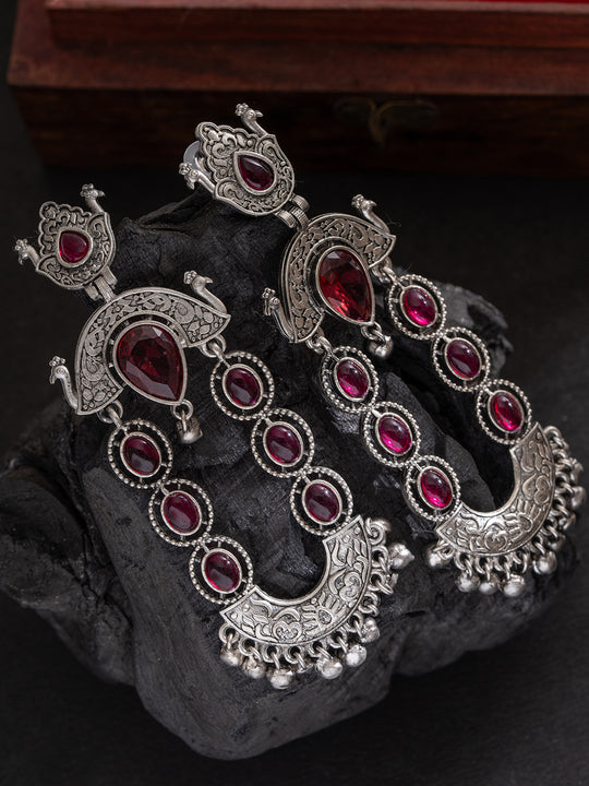 Silver-Plated Stones Studded And Beaded Contemporary Shaped Oxidized Drop Earrings