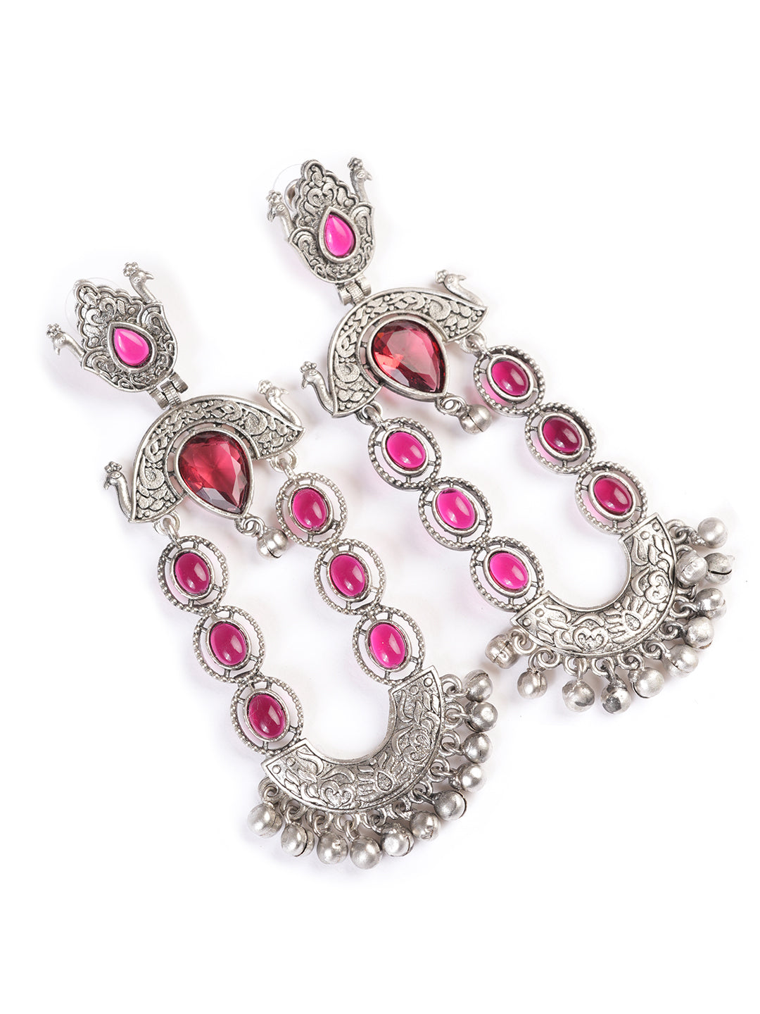 Silver-Plated Stones Studded And Beaded Contemporary Shaped Oxidized Drop Earrings