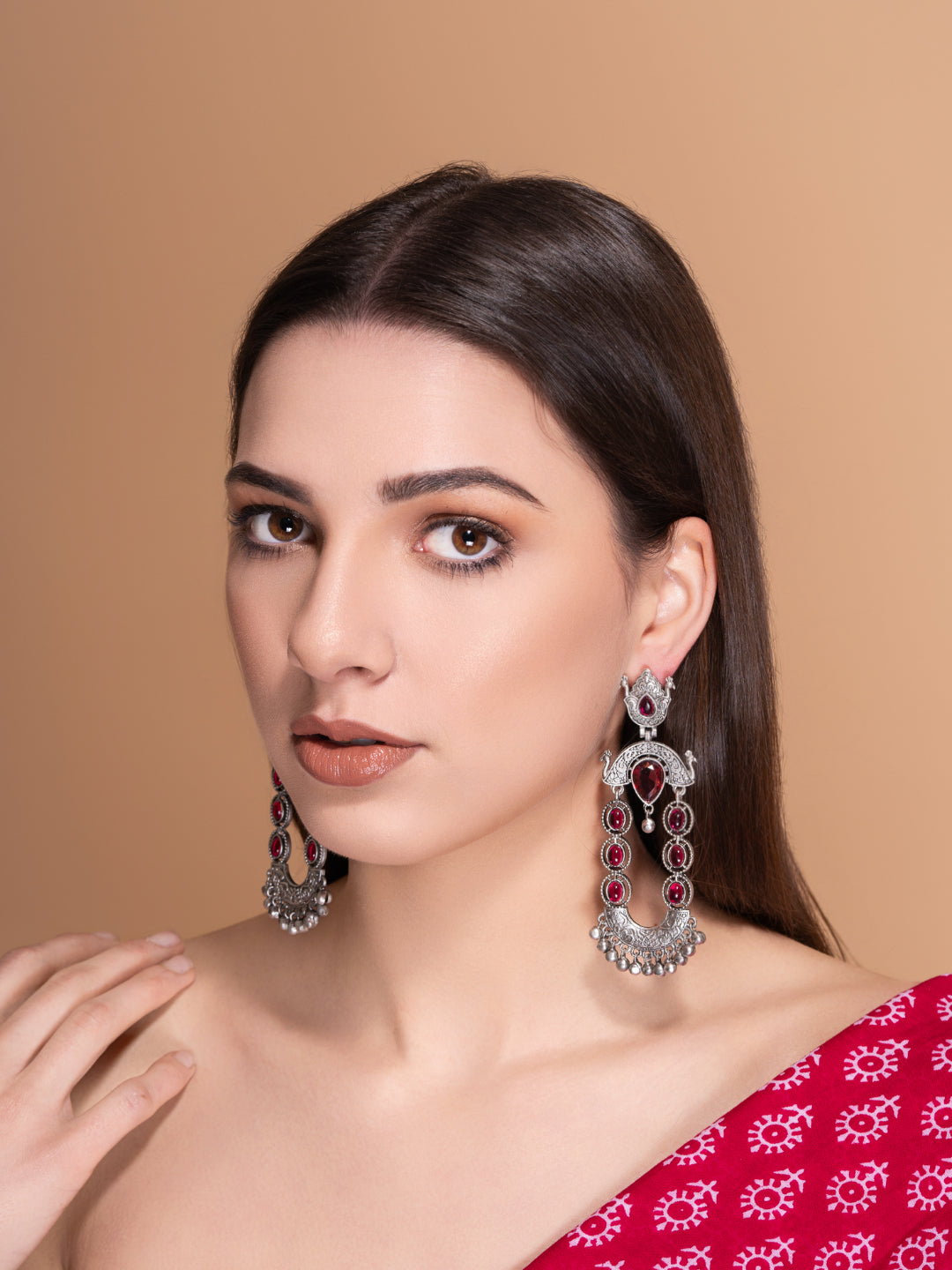 Silver-Plated Stones Studded And Beaded Contemporary Shaped Oxidized Drop Earrings