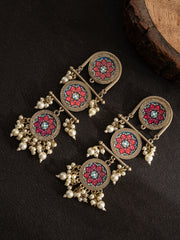 Silver-Plated Beaded Circular Shaped Oxidised Drop Earrings