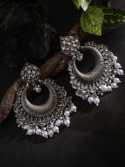 Silver-Plated Stones Studded & Beaded Crescent Oxidised Chandbalis