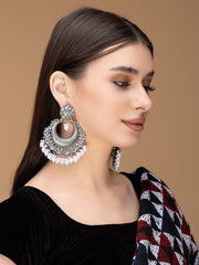 Silver-Plated Stones Studded & Beaded Crescent Oxidised Chandbalis