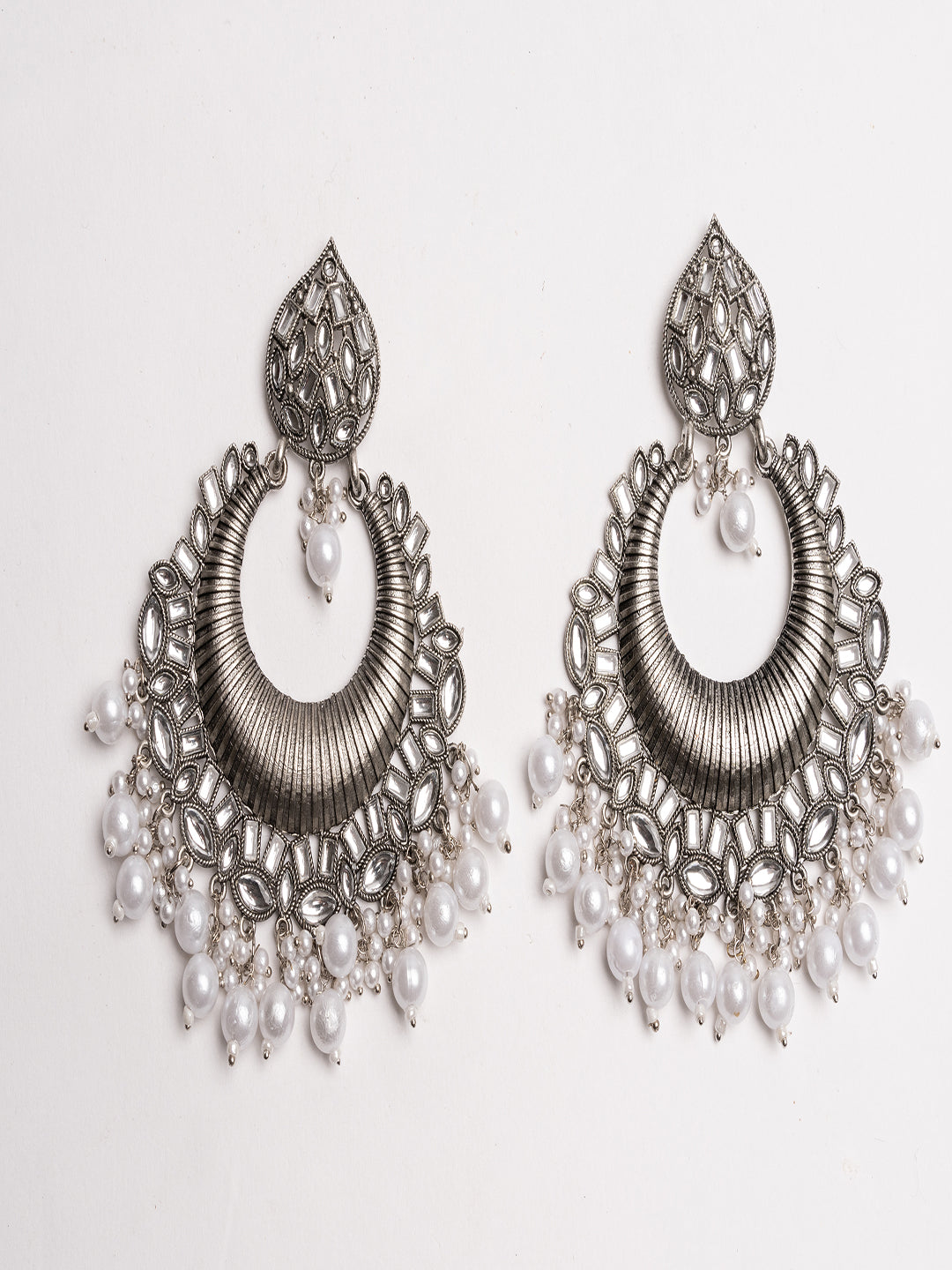 Silver-Plated Stones Studded & Beaded Crescent Oxidised Chandbalis