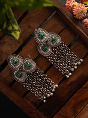 Silver-Plated Stones Studded And Beaded Contemporary Shaped Oxidized Drop Earrings