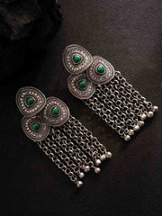 Silver-Plated Stones Studded And Beaded Contemporary Shaped Oxidized Drop Earrings