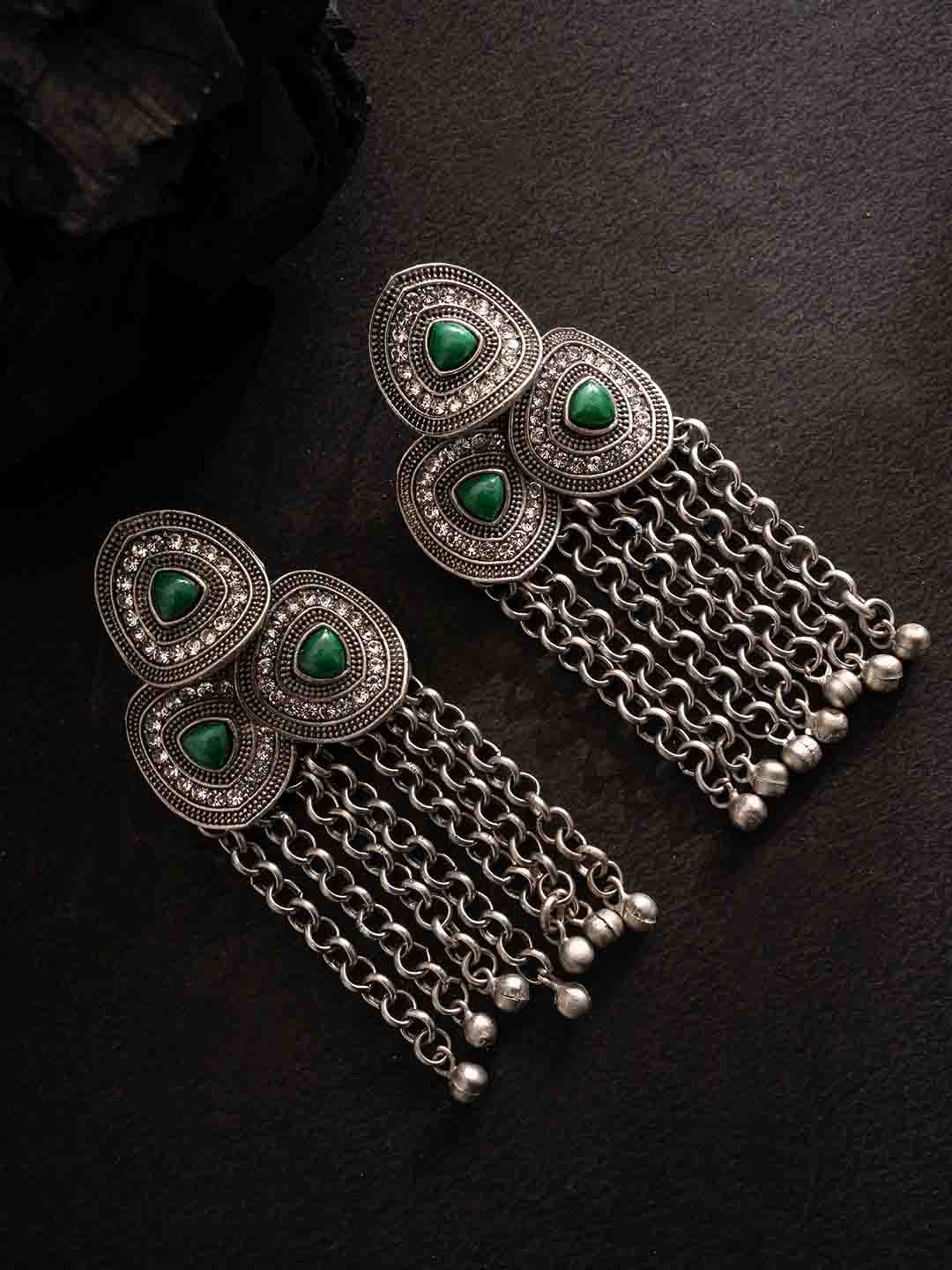 Silver-Plated Stones Studded And Beaded Contemporary Shaped Oxidized Drop Earrings