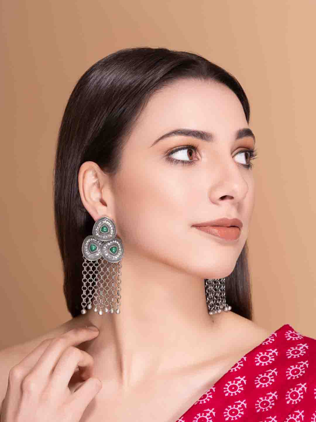 Silver-Plated Stones Studded And Beaded Contemporary Shaped Oxidized Drop Earrings