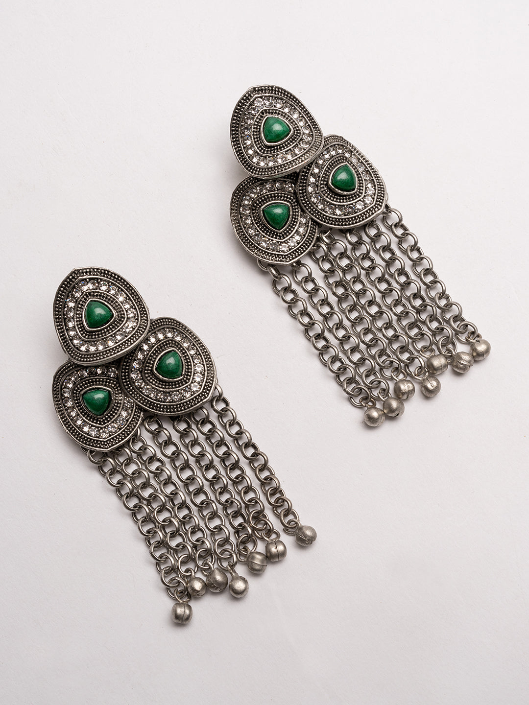 Silver-Plated Stones Studded And Beaded Contemporary Shaped Oxidized Drop Earrings