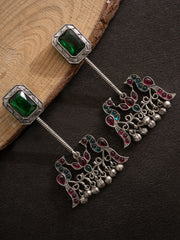 Silver-Plated Artifical Stones Studded Contemporary Shaped Oxidised Drop Earrings