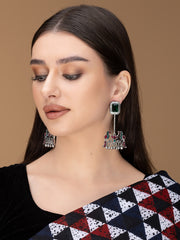 Silver-Plated Artifical Stones Studded Contemporary Shaped Oxidised Drop Earrings