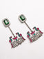 Silver-Plated Artifical Stones Studded Contemporary Shaped Oxidised Drop Earrings