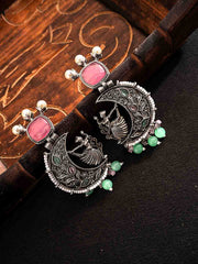 Silver-Plated Stones Studded And Beaded Contemporary Shaped Oxidized Drop Earrings