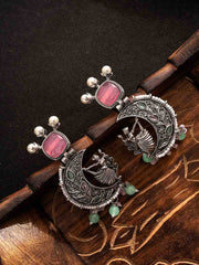 Silver-Plated Stones Studded And Beaded Contemporary Shaped Oxidized Drop Earrings