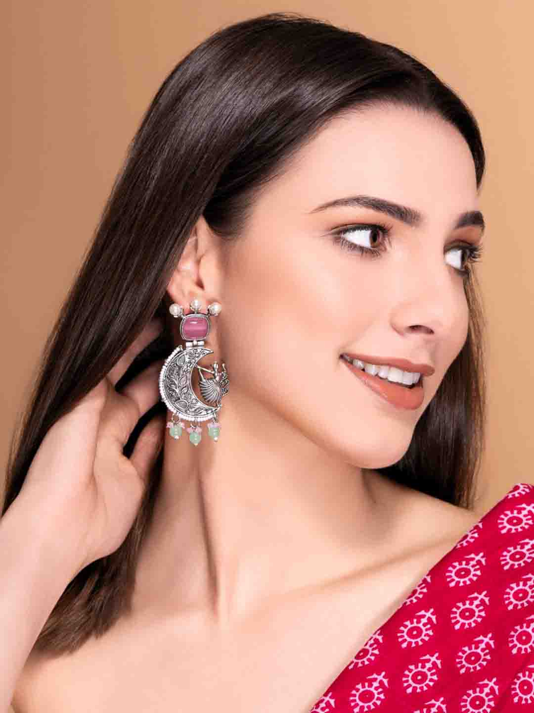 Silver-Plated Stones Studded And Beaded Contemporary Shaped Oxidized Drop Earrings