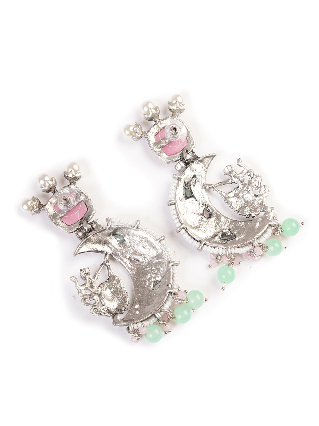 Silver-Plated Stones Studded And Beaded Contemporary Shaped Oxidized Drop Earrings