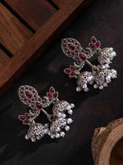 Silver Plated Stones Studded And Beaded Contemporary Oxidized Drop Earrings