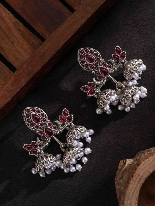 Silver Plated Stones Studded And Beaded Contemporary Oxidized Drop Earrings