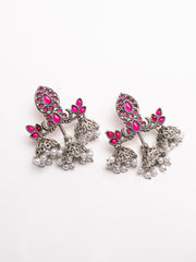 Silver Plated Stones Studded And Beaded Contemporary Oxidized Drop Earrings