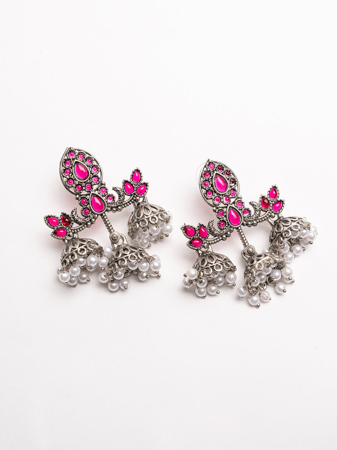 Silver Plated Stones Studded And Beaded Contemporary Oxidized Drop Earrings