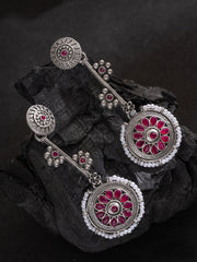 Silver-Plated Stones Studded Contemporary Shaped Oxidized Drop Earrings