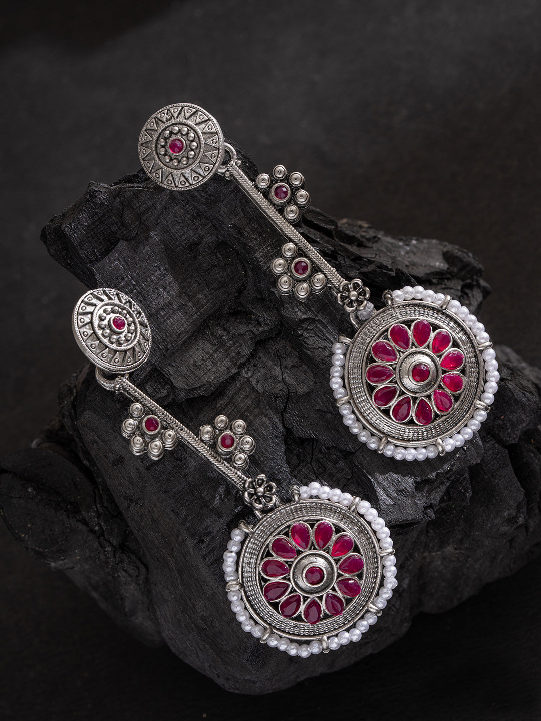 Silver-Plated Stones Studded Contemporary Shaped Oxidized Drop Earrings