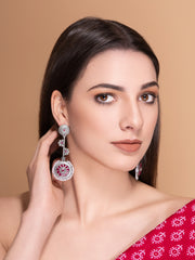 Silver-Plated Stones Studded Contemporary Shaped Oxidized Drop Earrings