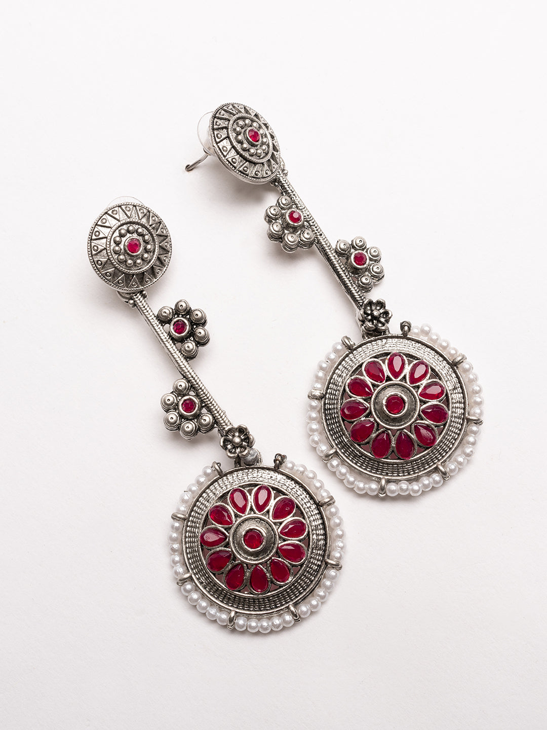 Silver-Plated Stones Studded Contemporary Shaped Oxidized Drop Earrings