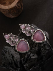 Silver-Plated Artifical Stones Studded Geometric Shaped Oxidised Drop Earrings