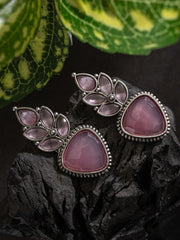 Silver-Plated Artifical Stones Studded Geometric Shaped Oxidised Drop Earrings