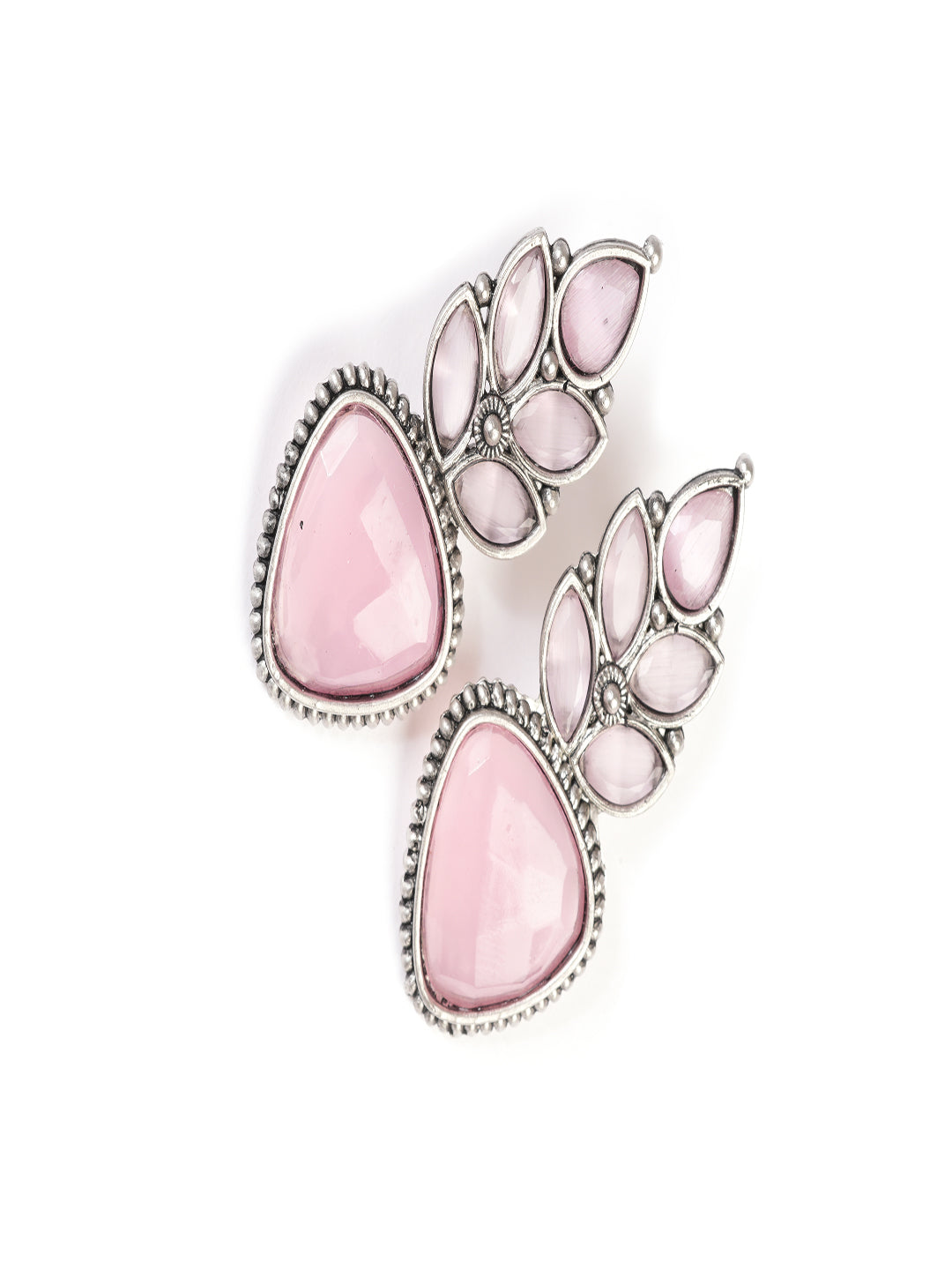Silver-Plated Artifical Stones Studded Geometric Shaped Oxidised Drop Earrings