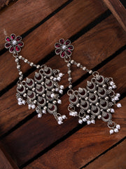 Silver-Plated Stones Studded And Beaded Contemporary Shaped Oxidized Drop Earrings