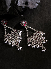 Silver-Plated Stones Studded And Beaded Contemporary Shaped Oxidized Drop Earrings