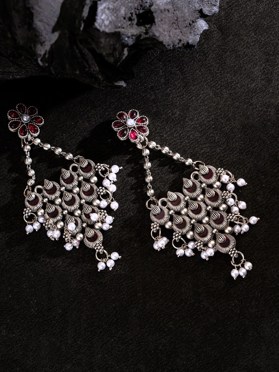 Silver-Plated Stones Studded And Beaded Contemporary Shaped Oxidized Drop Earrings