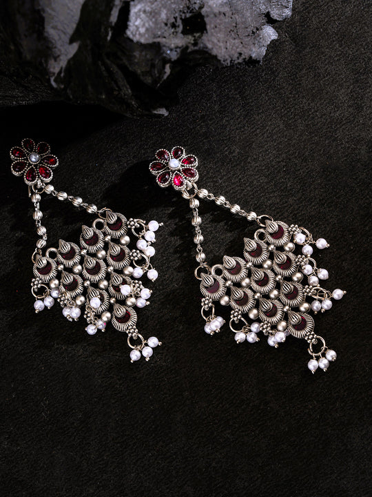 Silver-Plated Stones Studded And Beaded Contemporary Shaped Oxidized Drop Earrings
