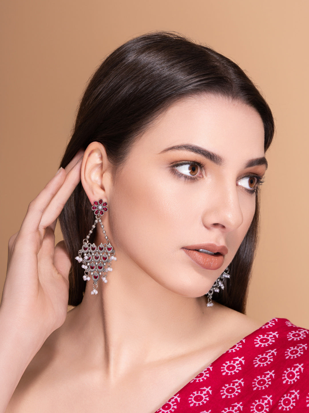 Silver-Plated Stones Studded And Beaded Contemporary Shaped Oxidized Drop Earrings