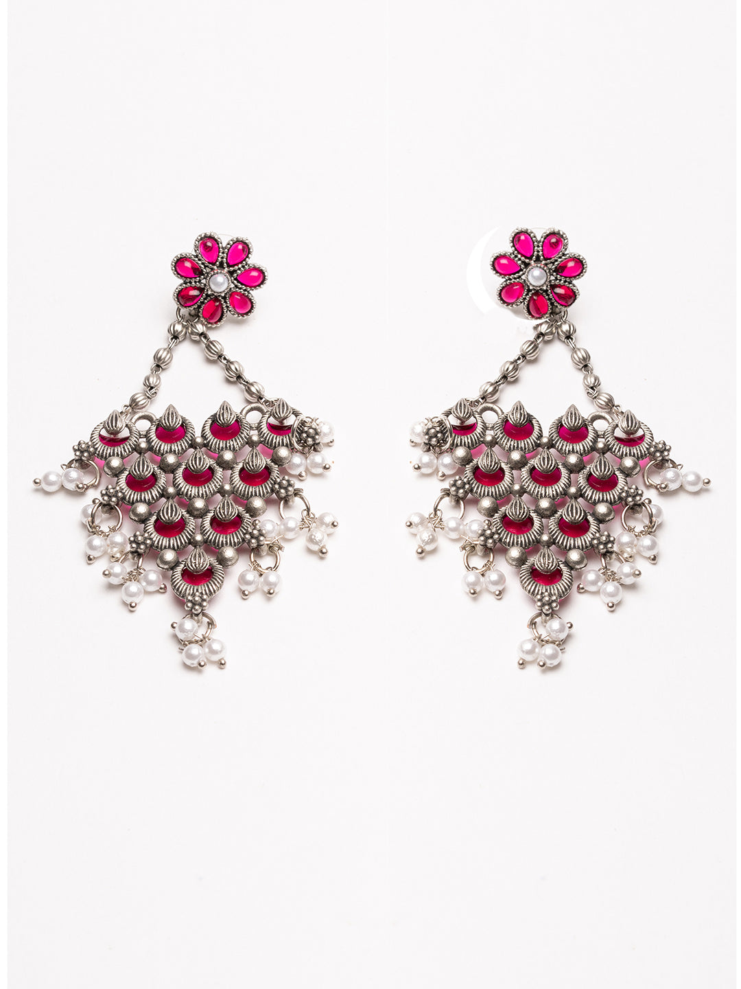 Silver-Plated Stones Studded And Beaded Contemporary Shaped Oxidized Drop Earrings
