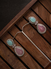 Silver Plated Artificial Stones Studded Teardrop Shaped Oxidized Drop Earrings
