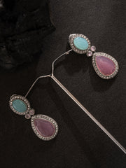 Silver Plated Artificial Stones Studded Teardrop Shaped Oxidized Drop Earrings