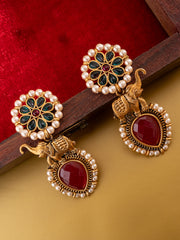 Gold-Plated Stones Studded And Beaded Contemporary Shaped Drop Earrings