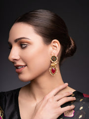Gold-Plated Stones Studded And Beaded Contemporary Shaped Drop Earrings