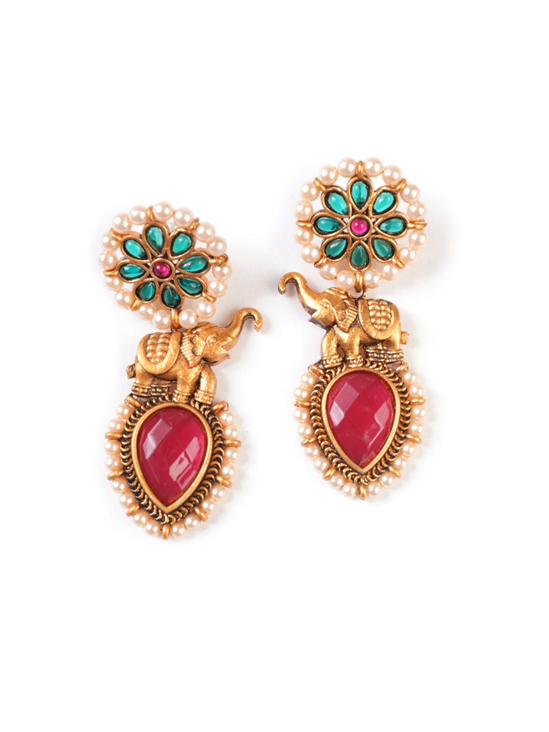 Gold-Plated Stones Studded And Beaded Contemporary Shaped Drop Earrings