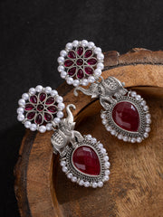 Silver-Plated Stones Studded And Beaded Animal Shaped Oxidised Drop Earrings