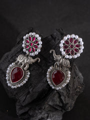 Silver-Plated Stones Studded And Beaded Animal Shaped Oxidised Drop Earrings